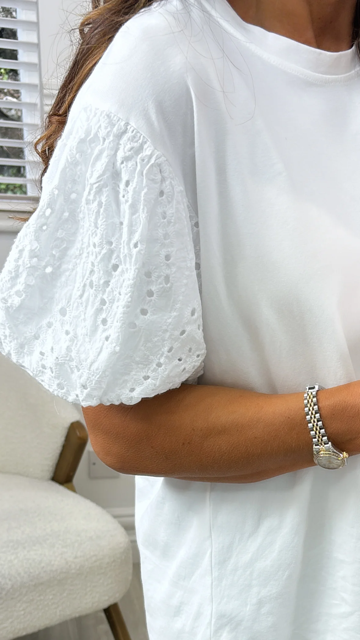 Millie White Broderie Sleeve Top - Image 6