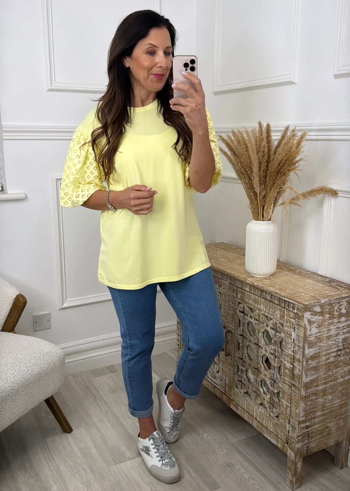 Millie Yellow Broderie Sleeve Top - Image 4