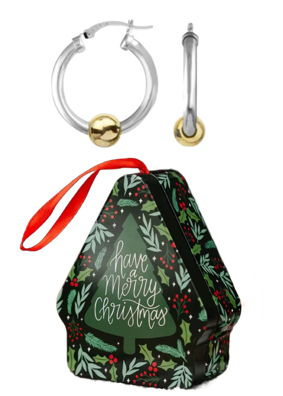 Mixed Metal Hoop Earrings Christmas Ornament Tin