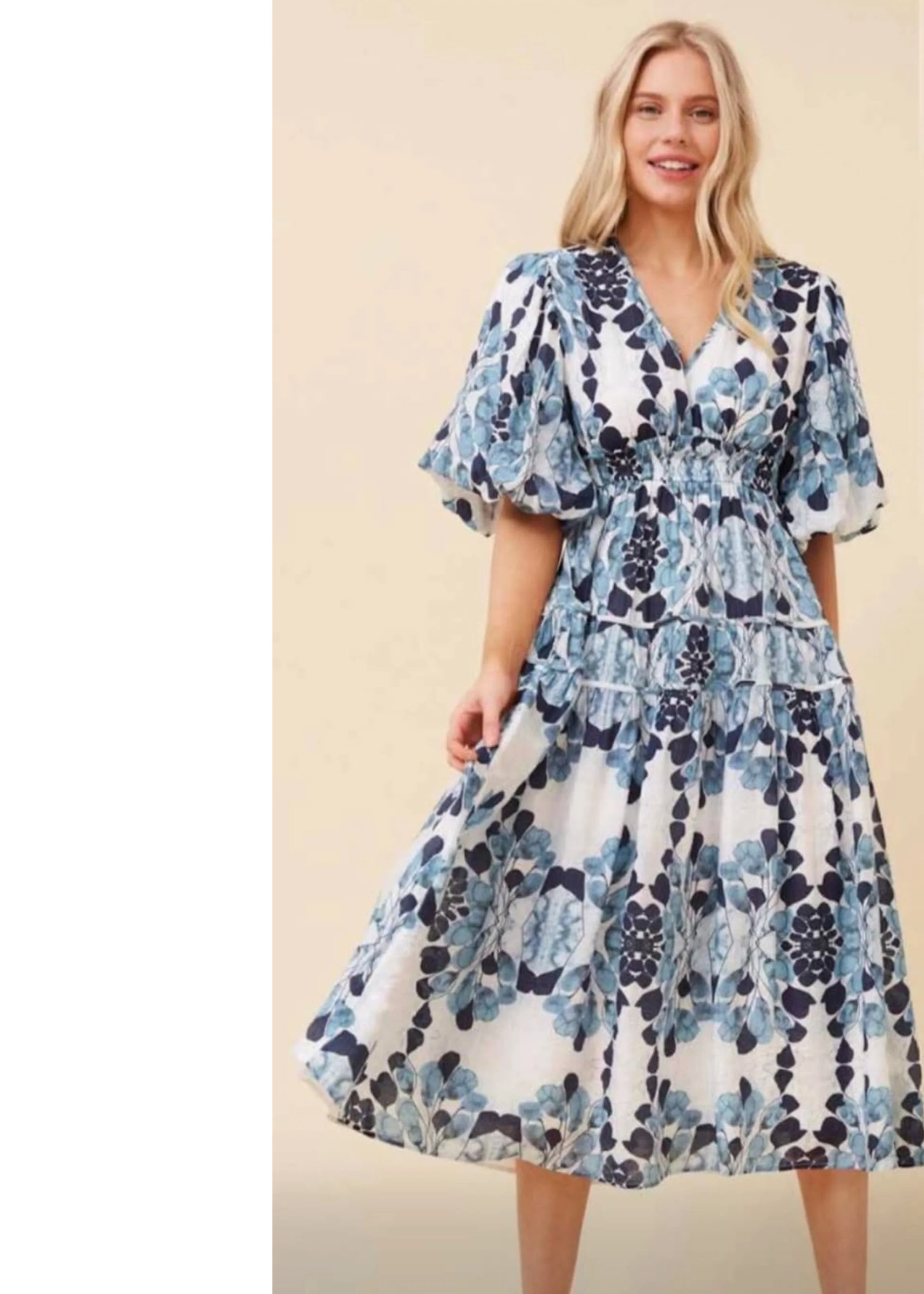 Niamh Blue Puff Sleeve Midi Dress - Image 3