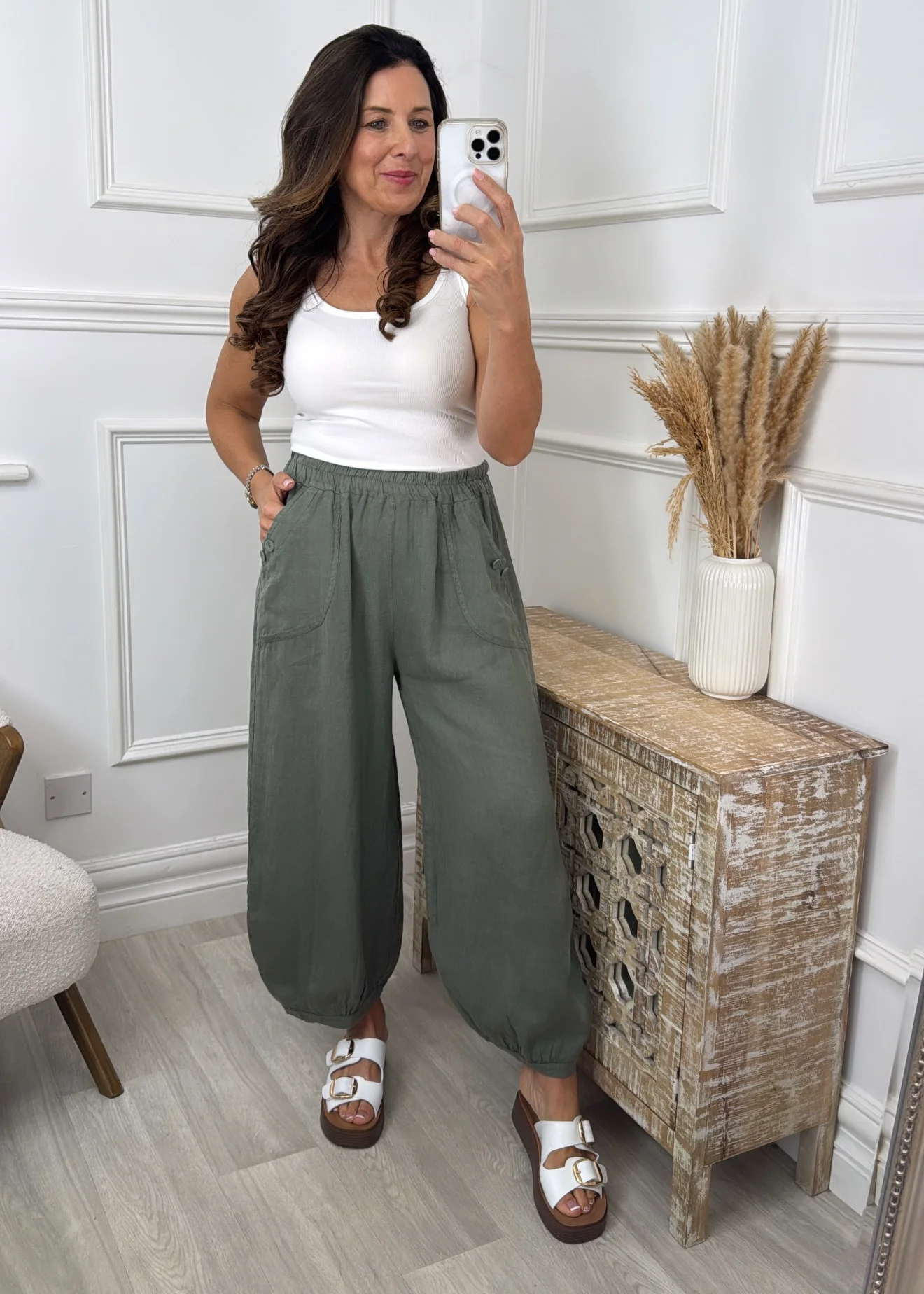 Petula Khaki Harem Linen Trousers - Image 2