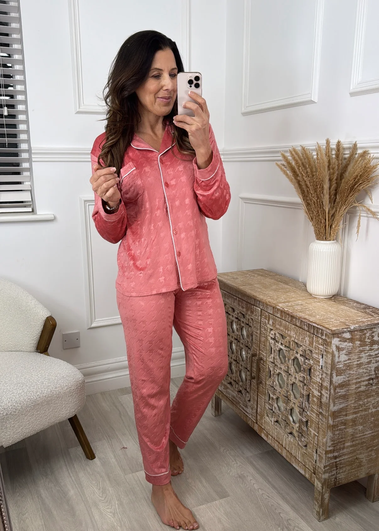Polly Coral Embossed Pattern Velour Pajama - Image 2