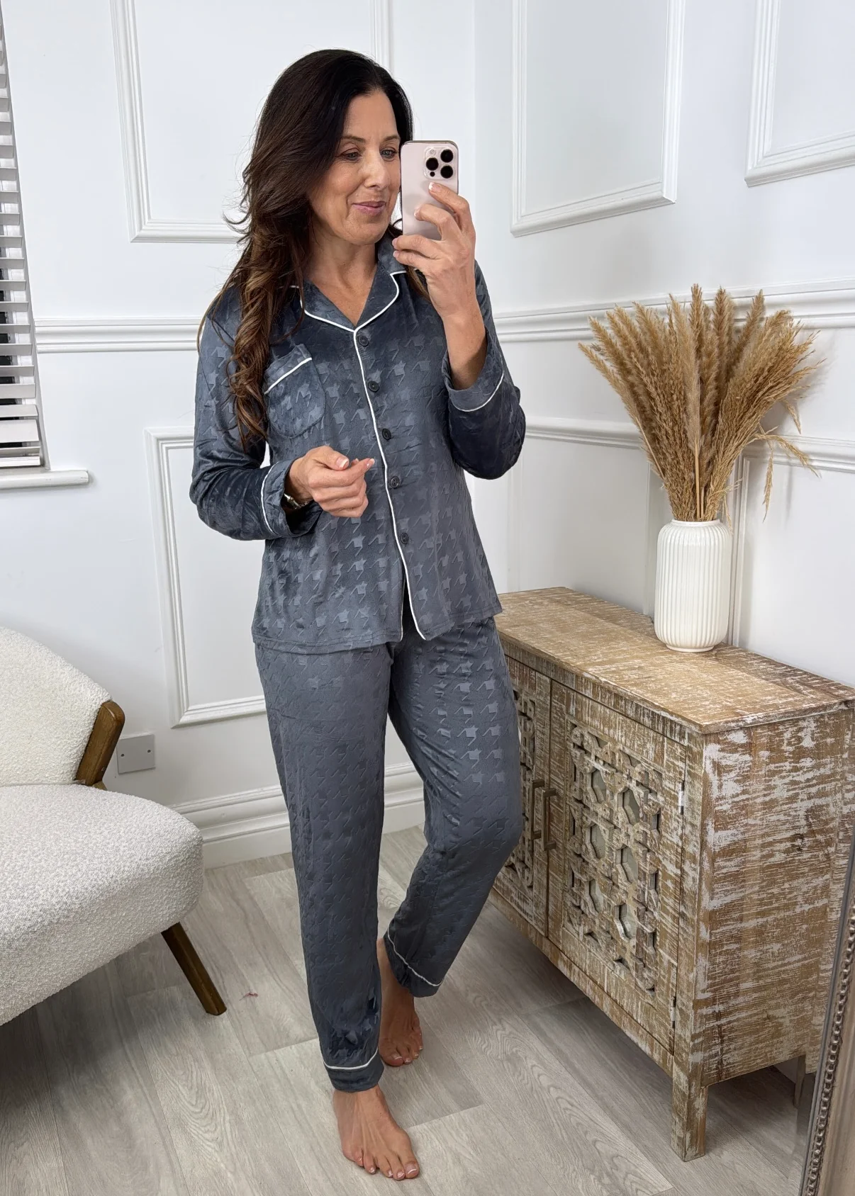 Polly Grey Embossed Pattern Velour Pajama