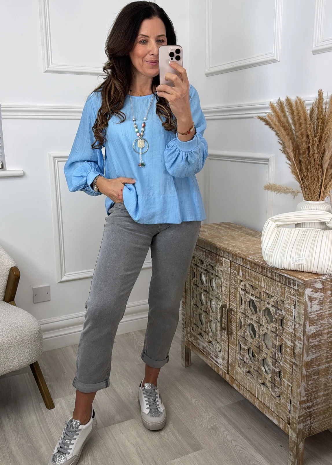 Rebel Blue Textured Blouse With Necklace