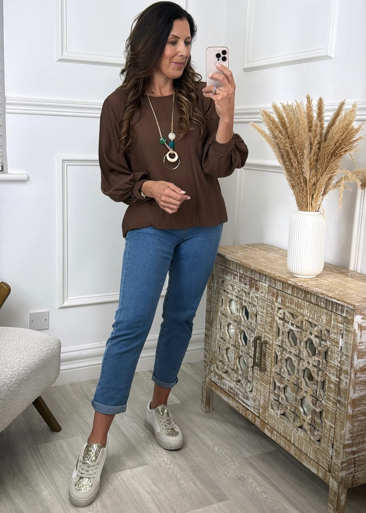 Rebel Brown Textured Blouse With Necklace - Image 3