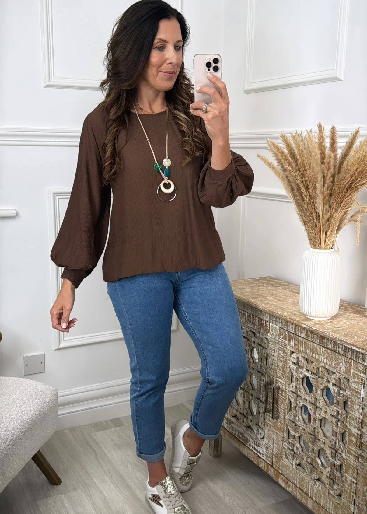 Rebel Brown Textured Blouse With Necklace - Image 4