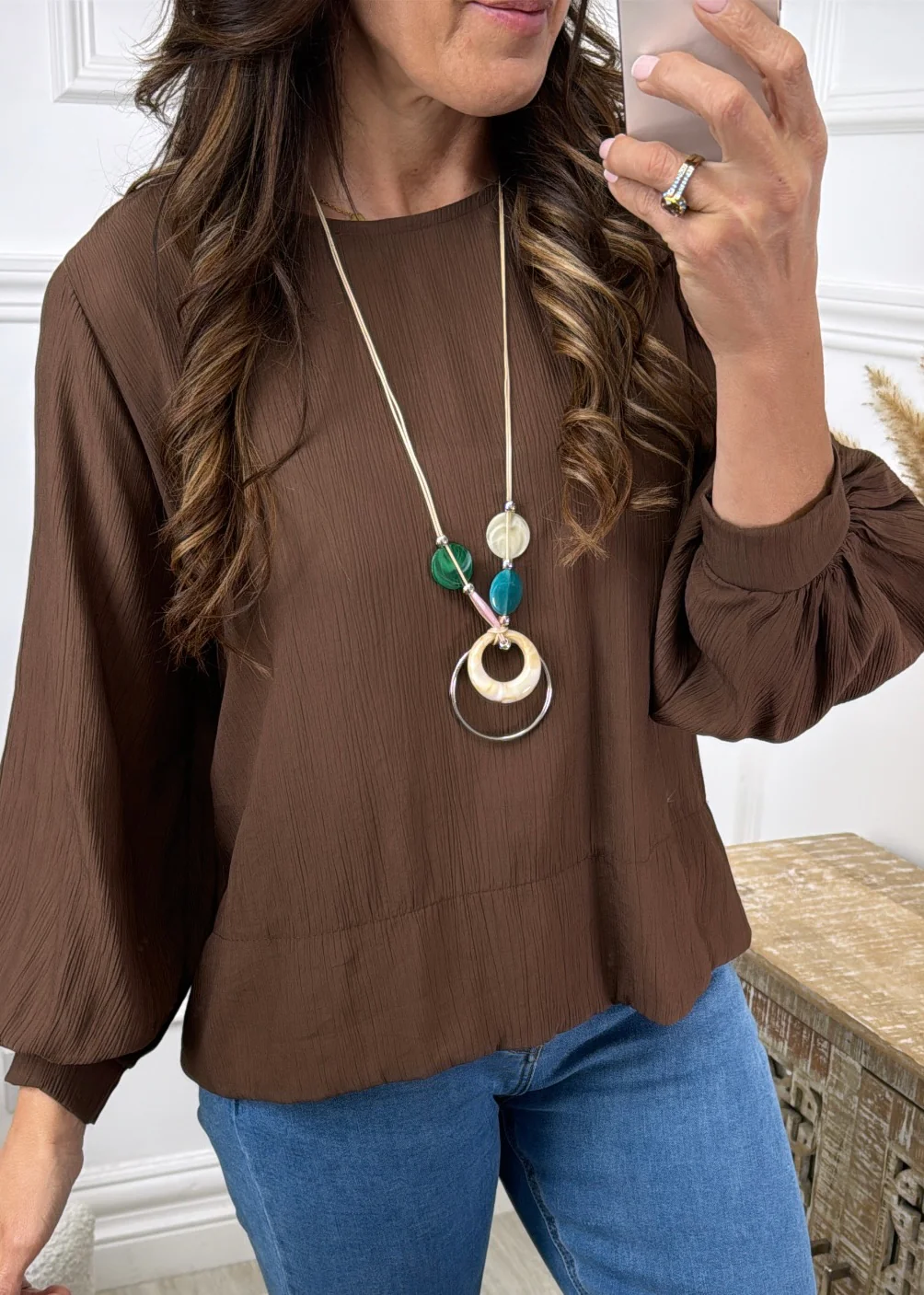 Rebel Brown Textured Blouse With Necklace - Image 5