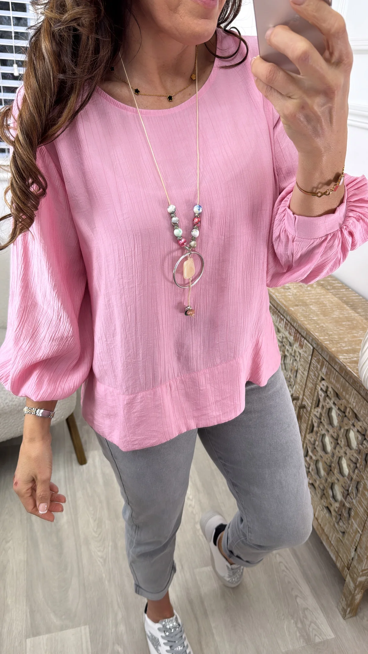 Rebel Pink Textured Blouse With Necklace - Image 4
