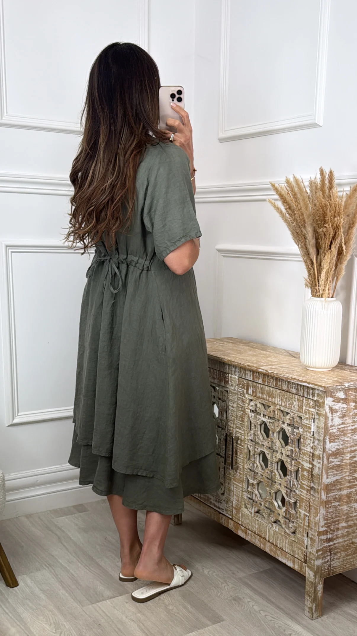 Sally Khaki Linen Midi Dress - Image 3