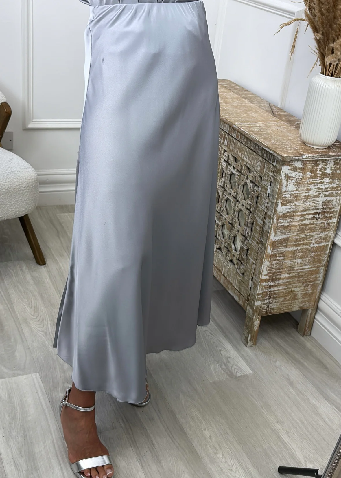 Shannon Grey Satin Midi Skirt - Image 3
