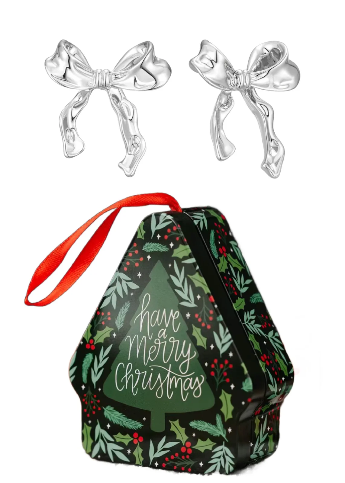 Silver Bow Earrings Christmas Ornament Tin