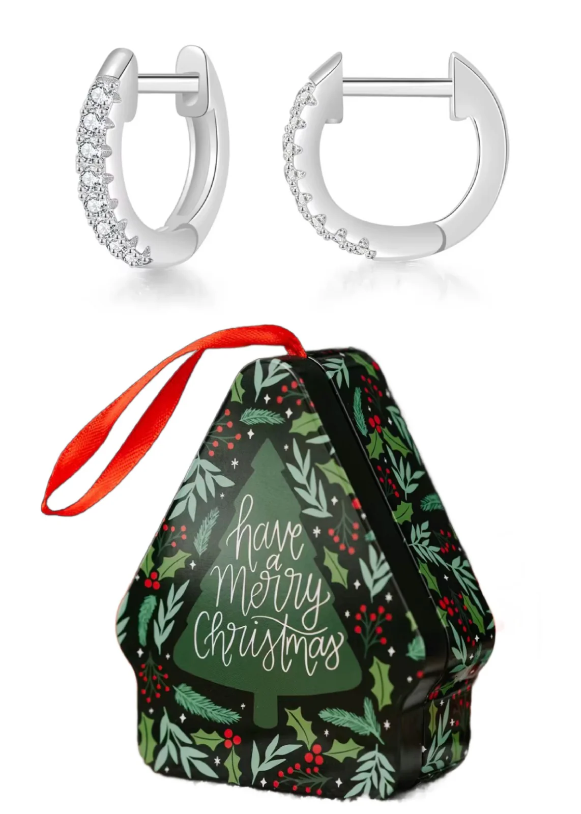 Silver Huggie Hoop Earrings Christmas Ornament Tin