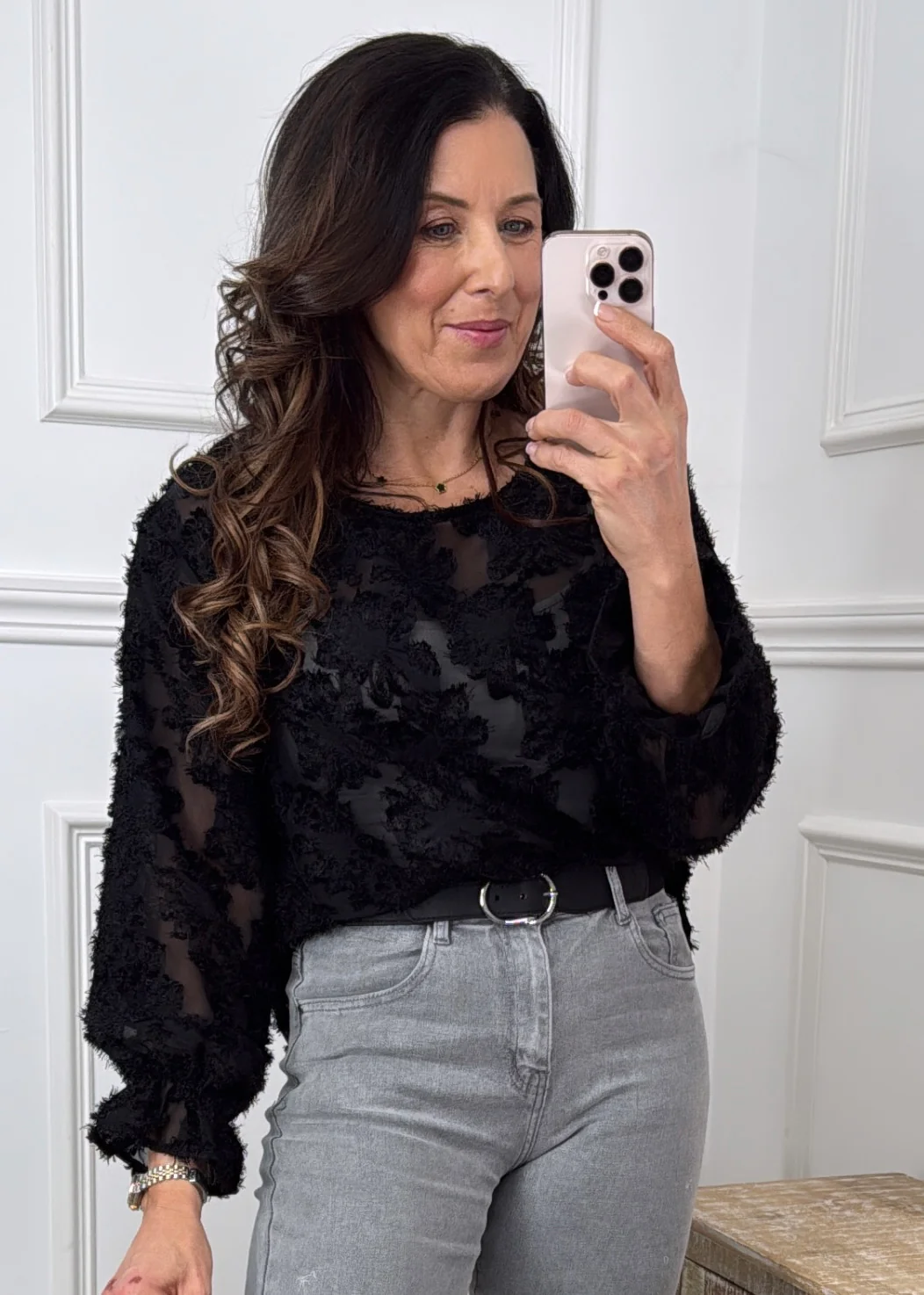 Stef Black Floral Eyelash Texture Top