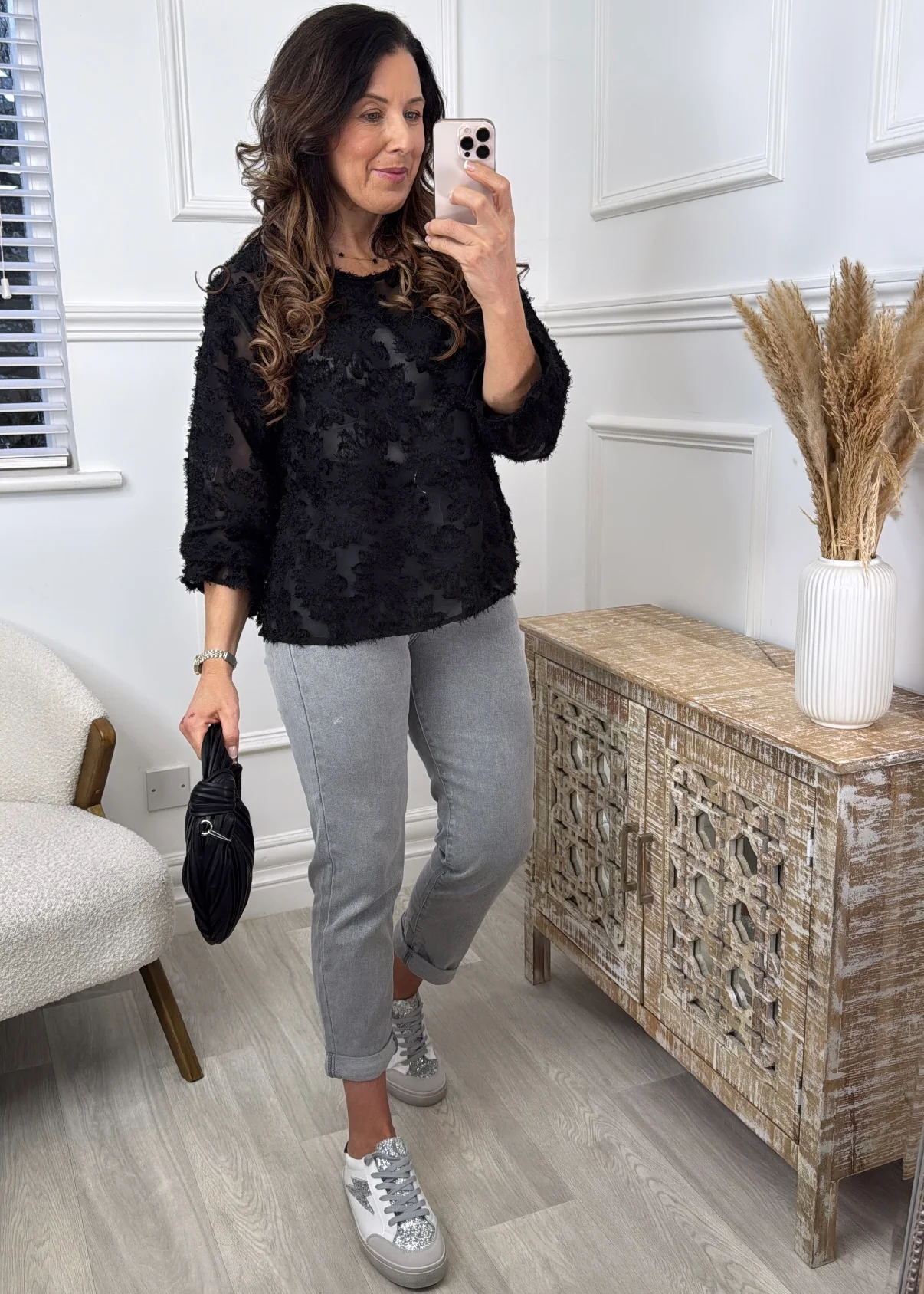 Stef Black Floral Eyelash Texture Top - Image 2