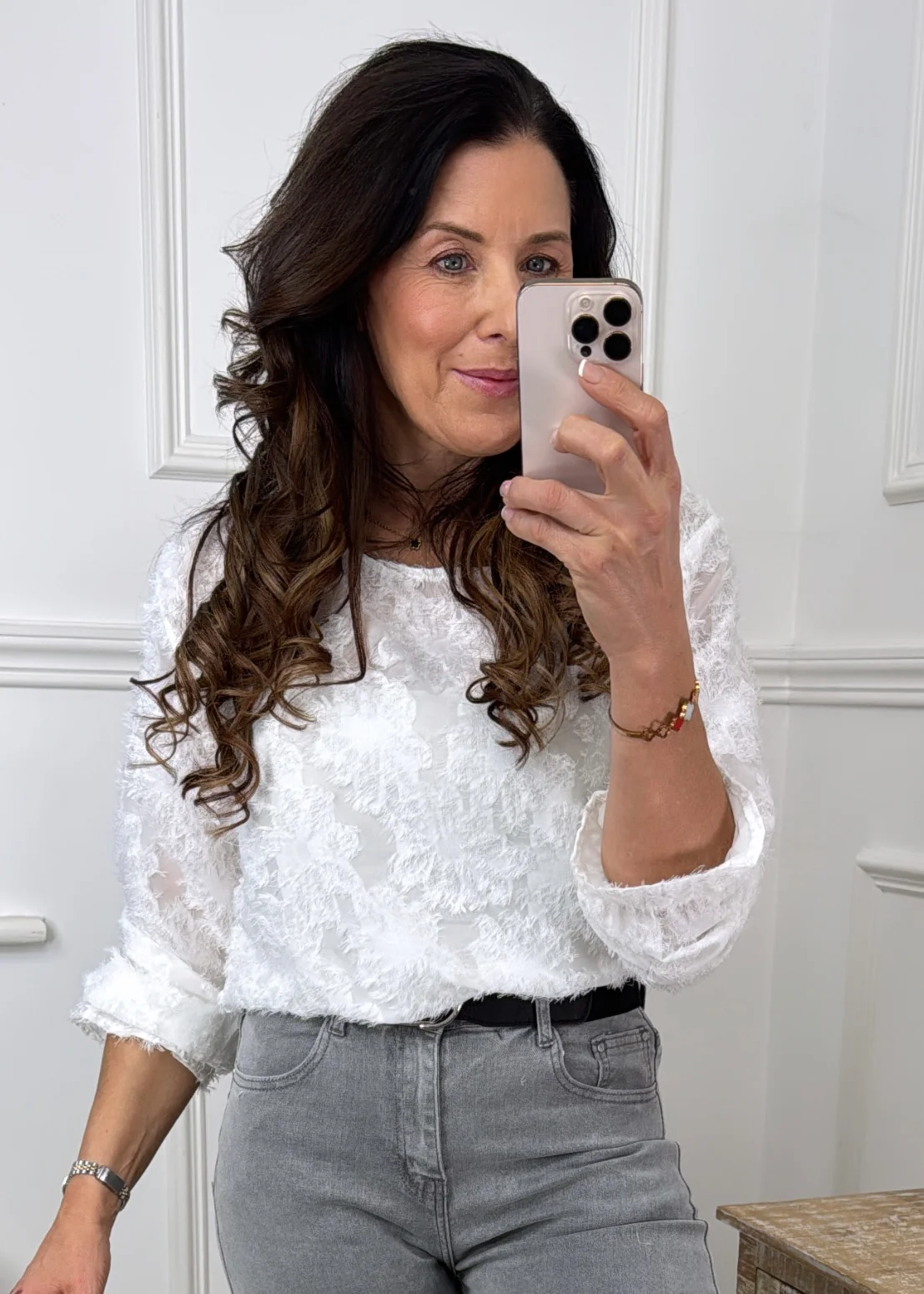 Stef White Floral Eyelash Texture Top