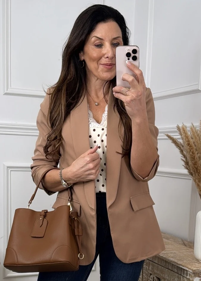 Merrill Camel Gathered Sleeve Blazer