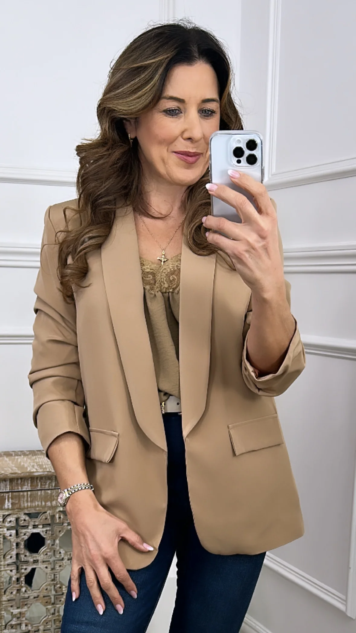 Merrill Camel Gathered Sleeve Blazer - Image 6