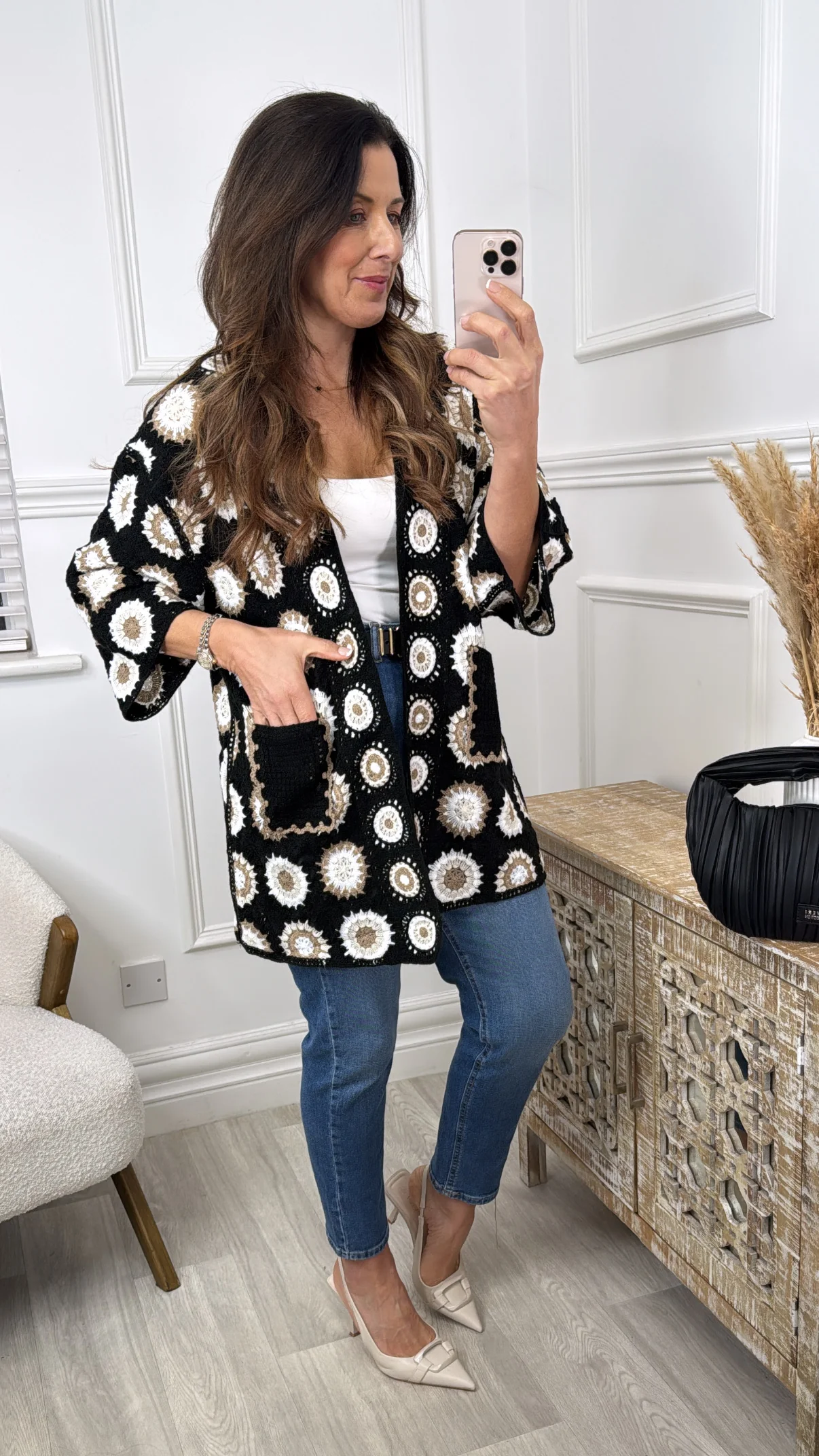 Tina Black Crochet Knit Longline Cardi - Image 2
