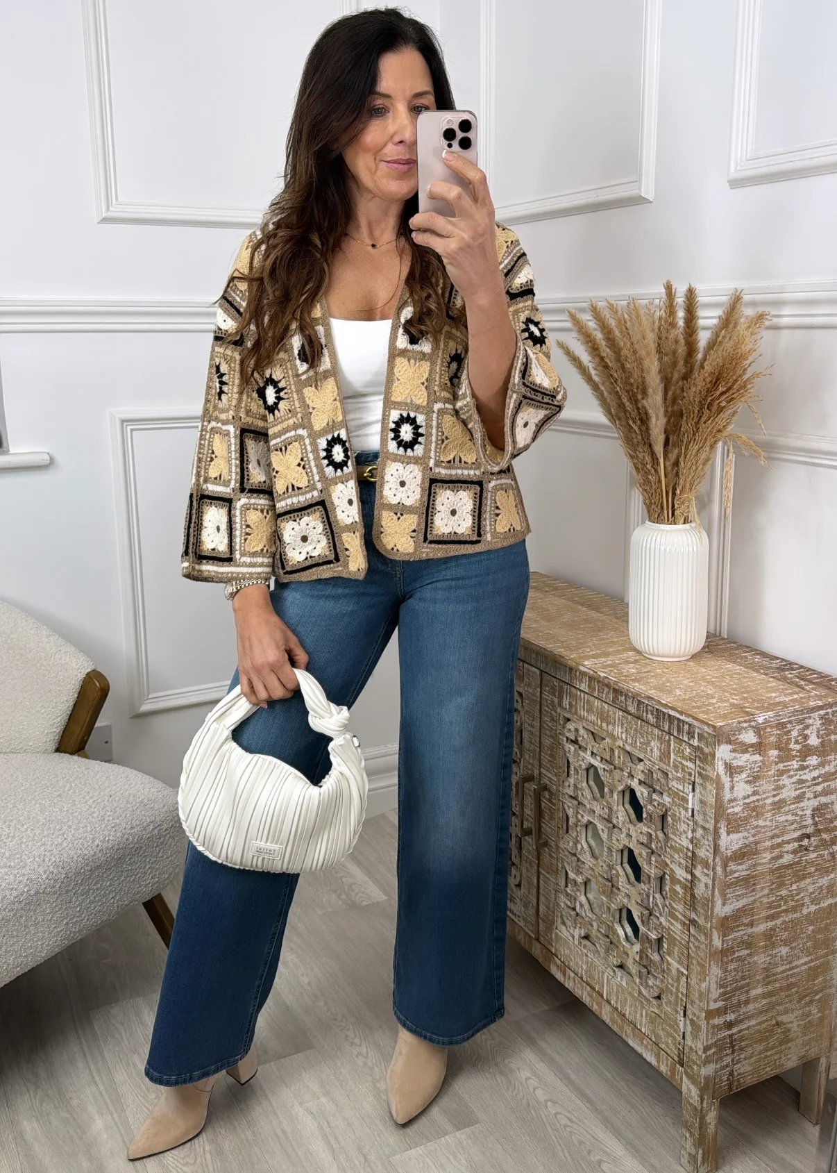 Vera Beige Flower Crochet Knit Cardigan - Image 4