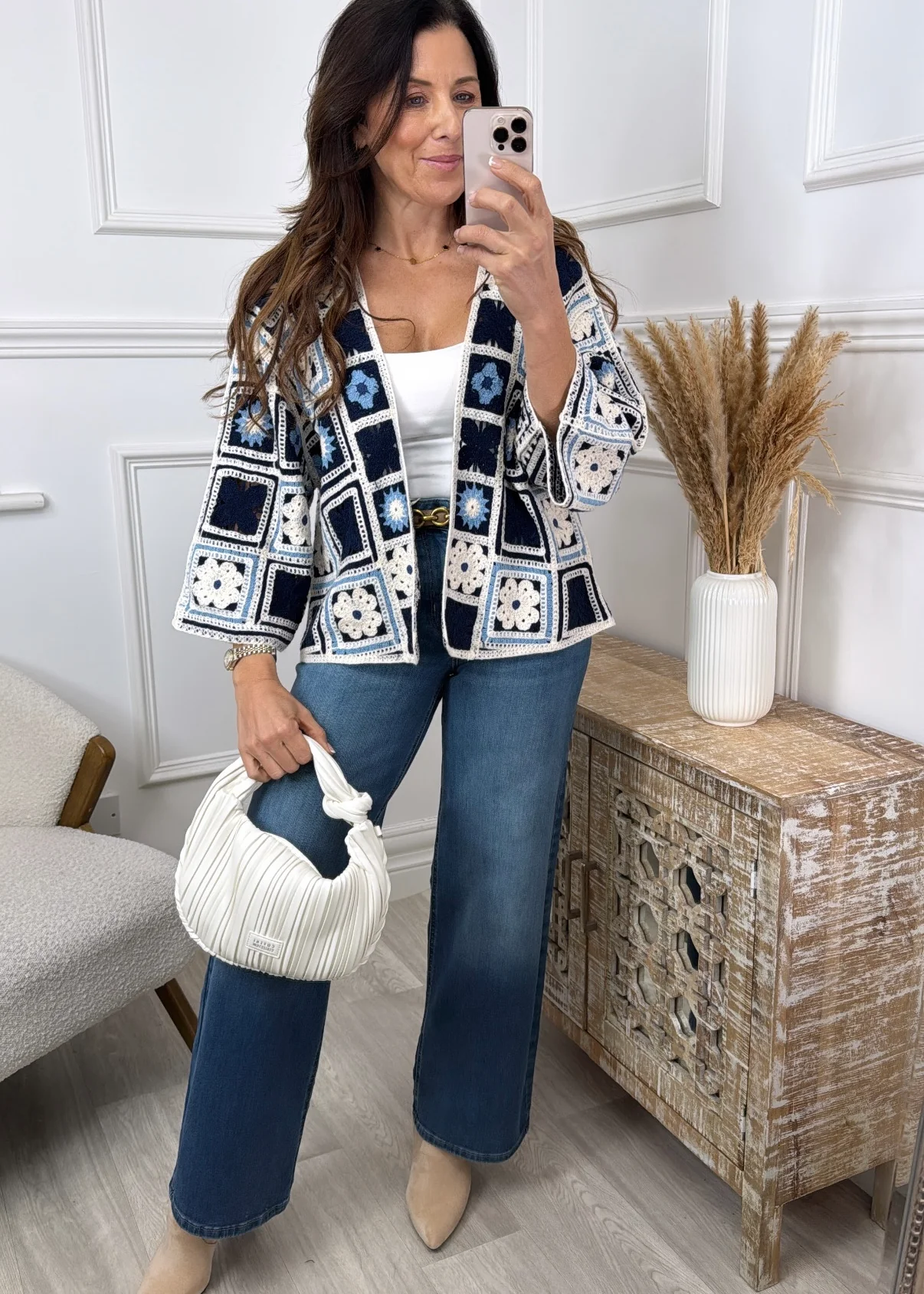 Vera Navy Flower Crochet Knit Cardigan - Image 3