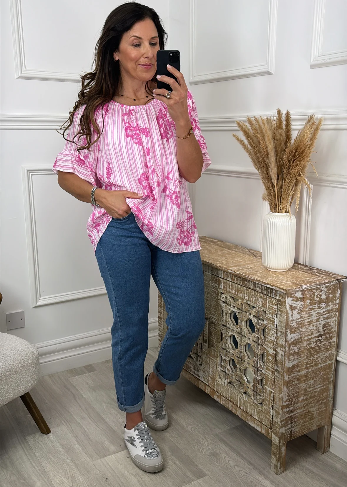 Violet Pink Floral Bardot Blouse - Image 3