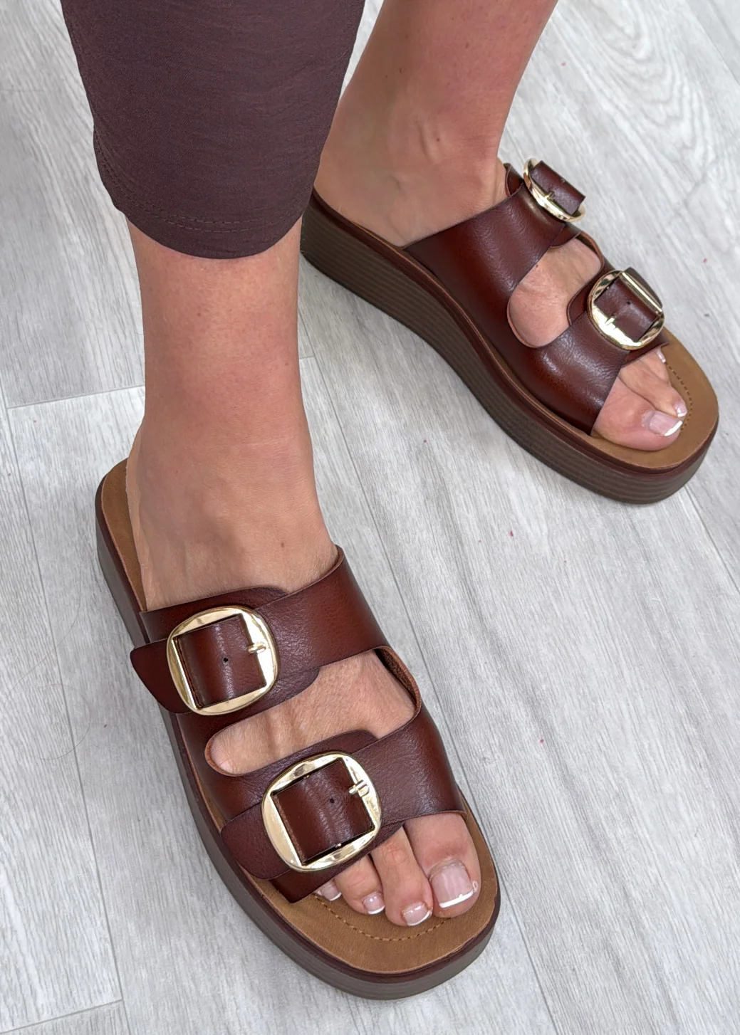Wren Brown Double Buckle Slider Sandals
